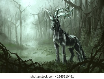 Kelpie Unicorn Creature Emerging From A Swamp