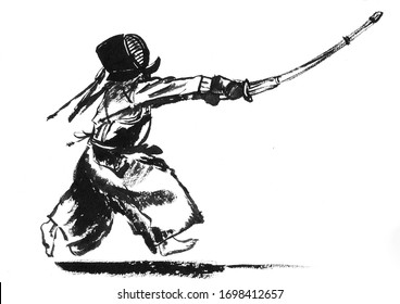 Kendo Japanese Fighting Sport painting.kendo katana iaido.samurai fighter.dojo design.sasian Brush drawing .traditional fight with blade