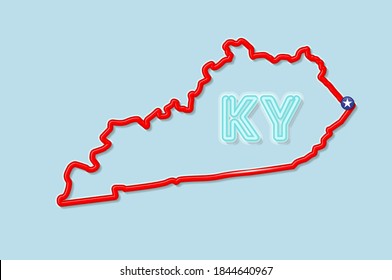 Kentucky US state bold outline map. Glossy red border with soft shadow. Two letter state abbreviation. illustration.