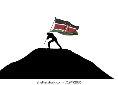 Kenya Flag Being Pushed Into Mountain Top By A Male Silhouette. 3D Rendering