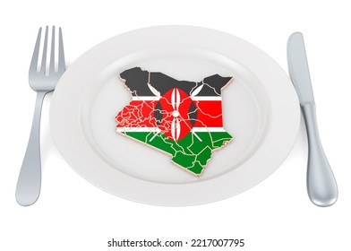 Kenyan Cuisine Concept. Plate With Map Of Kenya. 3D Rendering Isolated On White Background