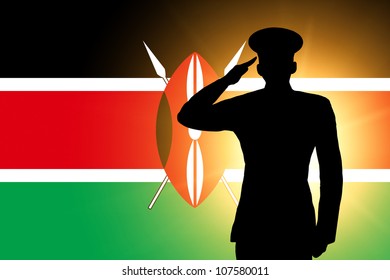 The Kenyan Flag And The Silhouette Of A Soldier's Military Salute