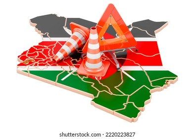 Kenyan Map With Traffic Cones And Warning Triangle, 3D Rendering Isolated On White Background