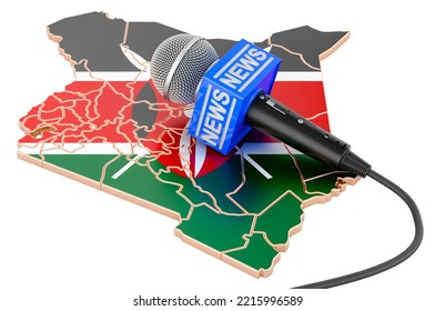 Kenyan News Concept, Microphone News On The Map Of Kenya. 3D Rendering Isolated On White Background