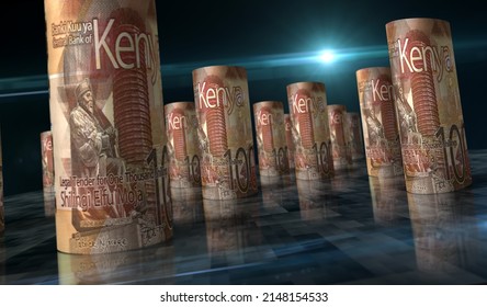 Kenyan Shilling Money Pack 3d Illustration. KES Banknote Rolls. Concept Of Finance, Cash, Economy Crisis, Business Success, Recession, Bank, Tax And Debt In Kenya.