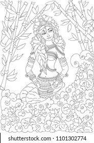 Kerala mural style beautiful woman goddess coloring book page for adults  black   white outline