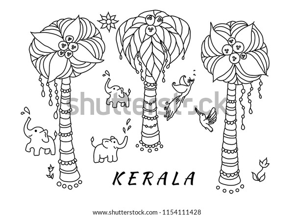 Kerala postcard vector cartoon illustration\
outline with palm trees, birds and\
elephants