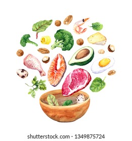 Keto diet concept. Ketogenic diet food. Balanced low-carb food falling in bowl. Vegetables, fish, meat, cheese, nuts, avocado, broccoli, eggs, shrimp. Watercolor - Shutterstock ID 1349875724