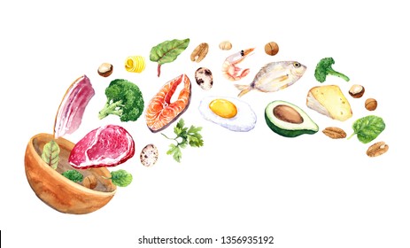 Keto - hand drawn watercolor illustration of ketogenic diet. Meat, salmon fish, avocado, chicken, cheese, broccoli, egg. Low carb dieting, meal protein. Organic food fly in air from bowl - Shutterstock ID 1356935192