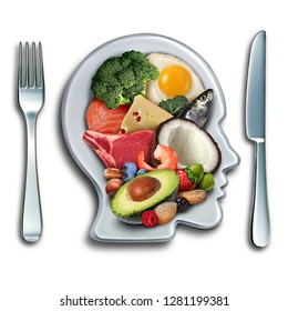 Keto ketogenic diet low carb and high fat food eating lifestyle as fish nuts eggs meat avocado as a therapeutic meal lifestyle on a plate shaped as a head with 3D illustration elements.