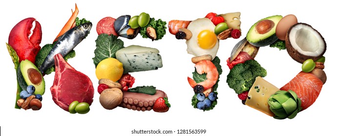 Keto or ketogenic food text diet as a low carb and high fat food eating lifestyle as fish nuts eggs meat avocados as a therapeutic meal isolated on a white background with 3D illustration elements.