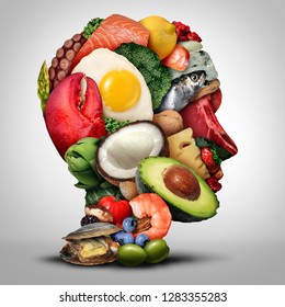 Keto nutrition lifestyle and ketogenic diet low carb and high fat food eating as fish nuts eggs meat avocado as a therapeutic meal shaped as a human head in a 3D illustration style.