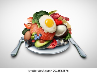 Ketogenic Eating And Keto Nutrition Lifestyle Diet Low Carb And High Fat Meal As Fish Nuts Eggs Meat Avocado As A Therapeutic Snacks On A Dish Table Setting With 3D Illustration Elements.