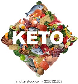 Ketogenic And Keto Diet Symbol Of Food As A Nutrition Lifestyle And Low Carb Diet And High Fat Eating As Fish Nuts Eggs Meat Avocado And Other Healthy Ingredients As A Therapeutic Meal.