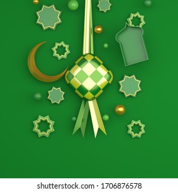 Ketupat Traditional Food For Eid Mubarak Or Selamat Hari Raya Idul Fitri In Indonesia Or Malaysia, Gold Crescent Moon, Star On Green Background. Copy Space Text Area, 3D Rendering Illustration.