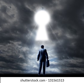 Key To Business Success With A Businessman Standing With A Briefcase Looking Into A Glowing Key Hole Opening In The Cloudy Sky As A Concept Of Future Opportunity And Aspirations.