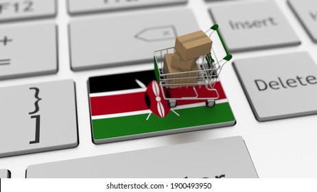 Key With Flag Of Kenya And Shopping Cart With Boxes, Looping Internet Business Related  Animation 3D Rendering