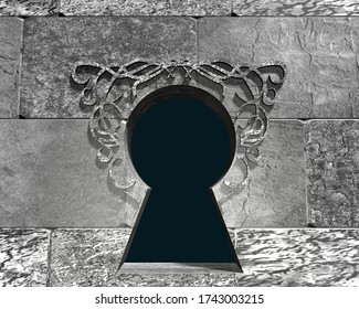 Key Hole With Decorative Ornate In The Concrete Blocks Wall. 3D Rendering