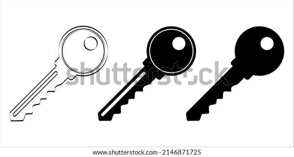 Key icon set. Isolated key symbol in\
black color. Silhouette of privacy or protection symbol. Simple\
door key or mobile app design element. Classic unlock\
tool.