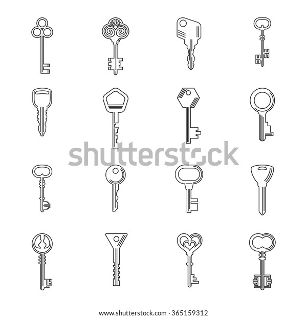 Key Icons Set. Car\
keys. House keys.Modern and Old keys.\
Flat design. Contour line.\
Realistic images.\
