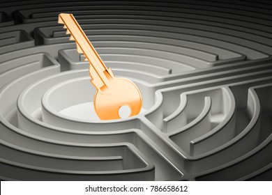 Key inside labyrinth maze, 3D rendering