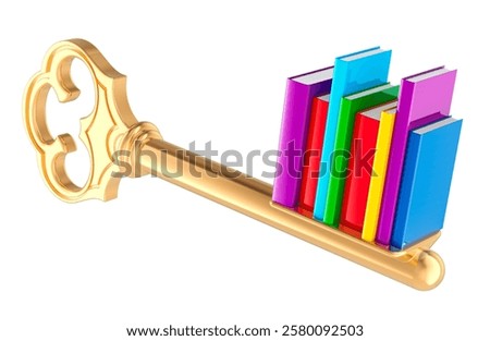 Key of knowledge, concept. Key with books. 3D rendering isolated on white background