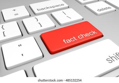 Key on a computer keyboard for fact checking statements or bogus claims, 3D rendering