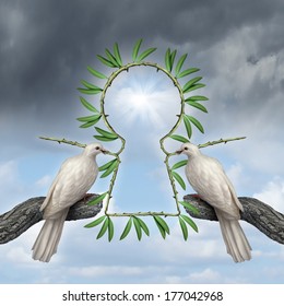 Key To Peace Symbol As Two White Doves Coming Together With A Reconciliation Solution With Olive Branches That Are In The Shape Of A Keyhole As An Icon Of Friendship And Alternative To War.