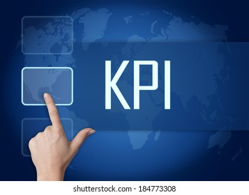 Key Performance Indicator concept with interface and world map on blue background