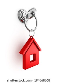 key with red house trinket in keyhole. real estate concept 3d render illustration