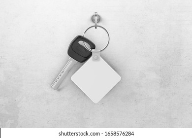 Key With Rhombus Key Chain Hanging On A Hook Mockup. 3D Rendering. 