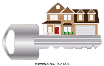 Key To Two Level House With Two Car Garage Color Outline Abstract Raster Illustration