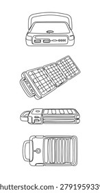 Keyboard device stack presents portable keyboards consoles and electronic control devices in black outline illustration on a clean white background. It suits electronic product catalogs keyboard manuals device pages and digital accessory layouts posters websites labels worksheets product pages and commercial stock layouts.