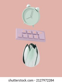 A Keyboard With The Inscription New Life, An Alarm Clock And A Flower Are On A Pink Background. The Concept Of Starting A New Life, Personal Growth. Abstract Template In Pastel Colors. 3d Render.