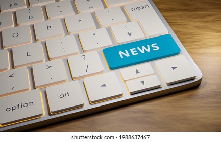 Keyboard with news key. Close up of a computer keyboard on a wooden table. One key is light blue with the word News on it. 3D illustration.