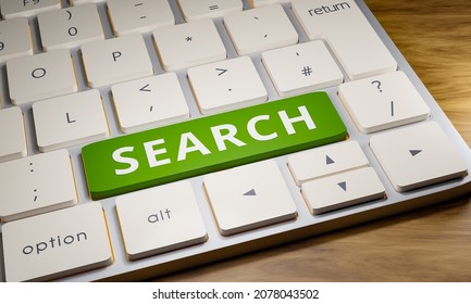 Keyboard with search button. White computer keyboard with one key in green and the word search on it. Internet concept. 3D illustration	