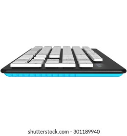 Keyboard side view. Buttons white on black keyboard. The bottom blue. 3D graphic object on white background isolated