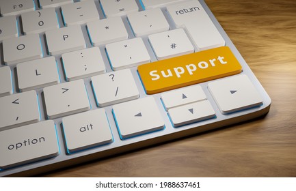 Keyboard with support key. Close up of a computer keyboard on a wooden table. One key is yellow with the word Support on it. 3D illustration.