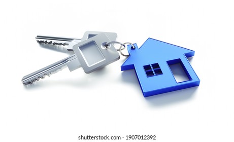 Keys With Blue House Shaped Key Chain - 3D Illustration