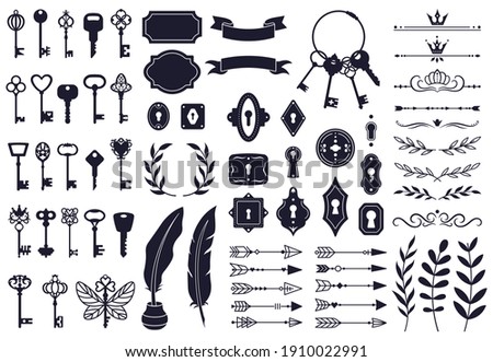 Keys decorative elements. Vintage old house door keys, antique keyholes, decorative borders, crowns, flowers and arrows  illustration set. Antique vintage silhouette arrow key and lock
