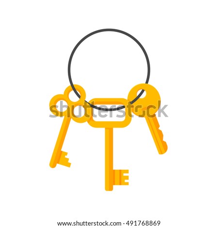 Keys hanging on key ring illustration isolated on white background, bunch of golden door and lock keys chain flat cartoon style image
