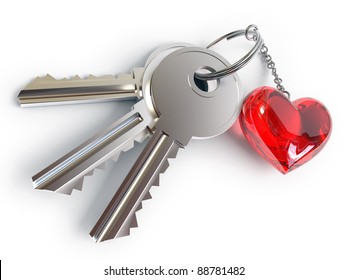 Keys, Heart, Key Ring, On A White Background, 3d Render