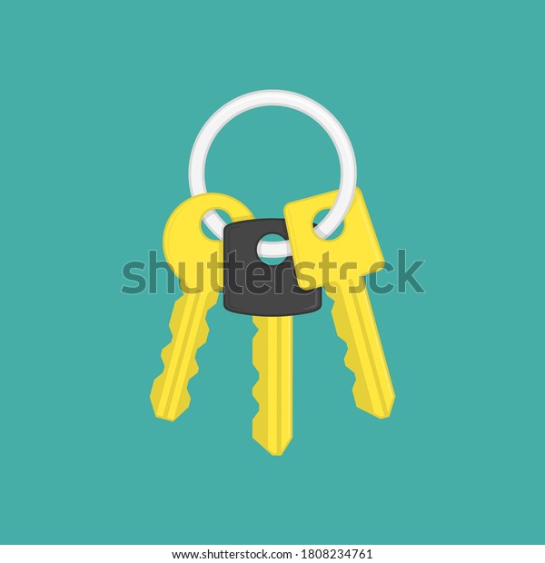 Keys icon\
illustration in modern flat style. Gold key on keyring icon\
isolated on green background. Security\
sign.