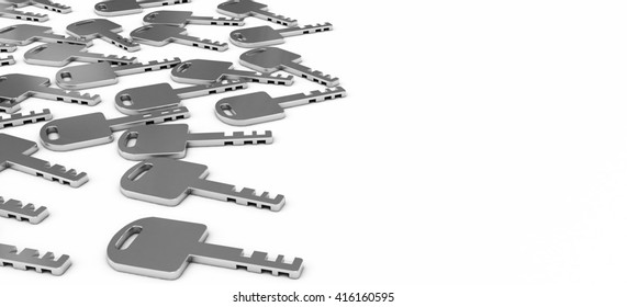 A Lot of keys isolated on white background with space, 3d illustration. 