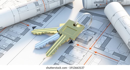 Keys On Building Blueprint Plans, Real Estate, Hotel, Hospital Project Construction Concept, 3d Illustration