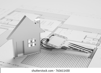 Keys On Floor Plan As Single Family Home Or House Purchase (3D Rendering)