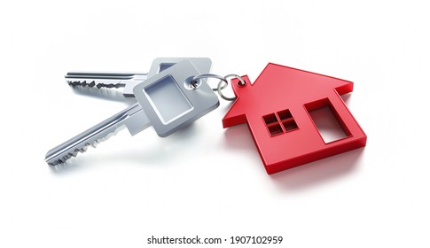 Keys With Red House Shaped Key Chain - 3D Illustration