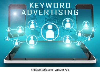 Keyword Advertising - text illustration with social icons and tablet computer and mobile cellphones on cyan digital world map background