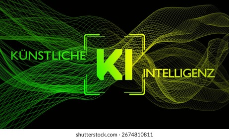 KI - Symbolic for Artificial Intelligence centered into background of grid waves - abstract technology and automation concept - 3D-Illustration