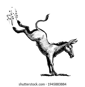 kicking donkey. Ink black and white drawing